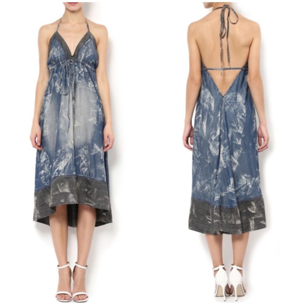 True Religion Womens Acid Wash Boho Open Back Halter Maxi Slip Dress Size M